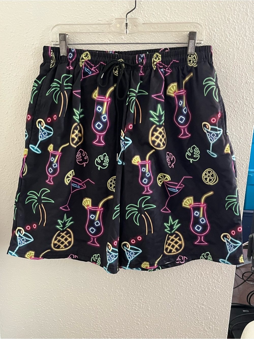 Men's Black Neon Tropical Print Swim Shorts
